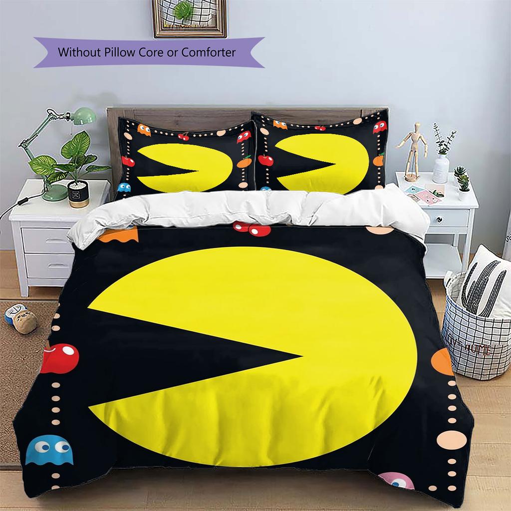 Pac-Man Custom Name Pattern Bedding,Quilt Set Quilt Cover Pillowcase Home Birthday Gift(1 * Duvet Cover + 2 * Pillowcase, Without Core)