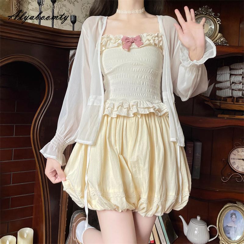 Japanese Lolita Style Summer Women Cotton Shorts High Waist Bow Hollow Out Light Yellow Shorts Skirts Cute Kawaii Girl's Shorts