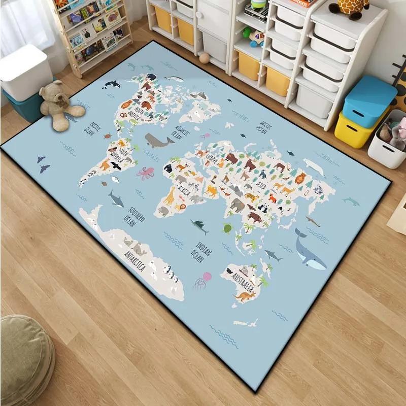 Cartoon Children's World Map Pattern Living Room Bedroom Carpet Bedside Bathroom Floor Mat 15 Sizes Area Rug Kid's Room Play Mat