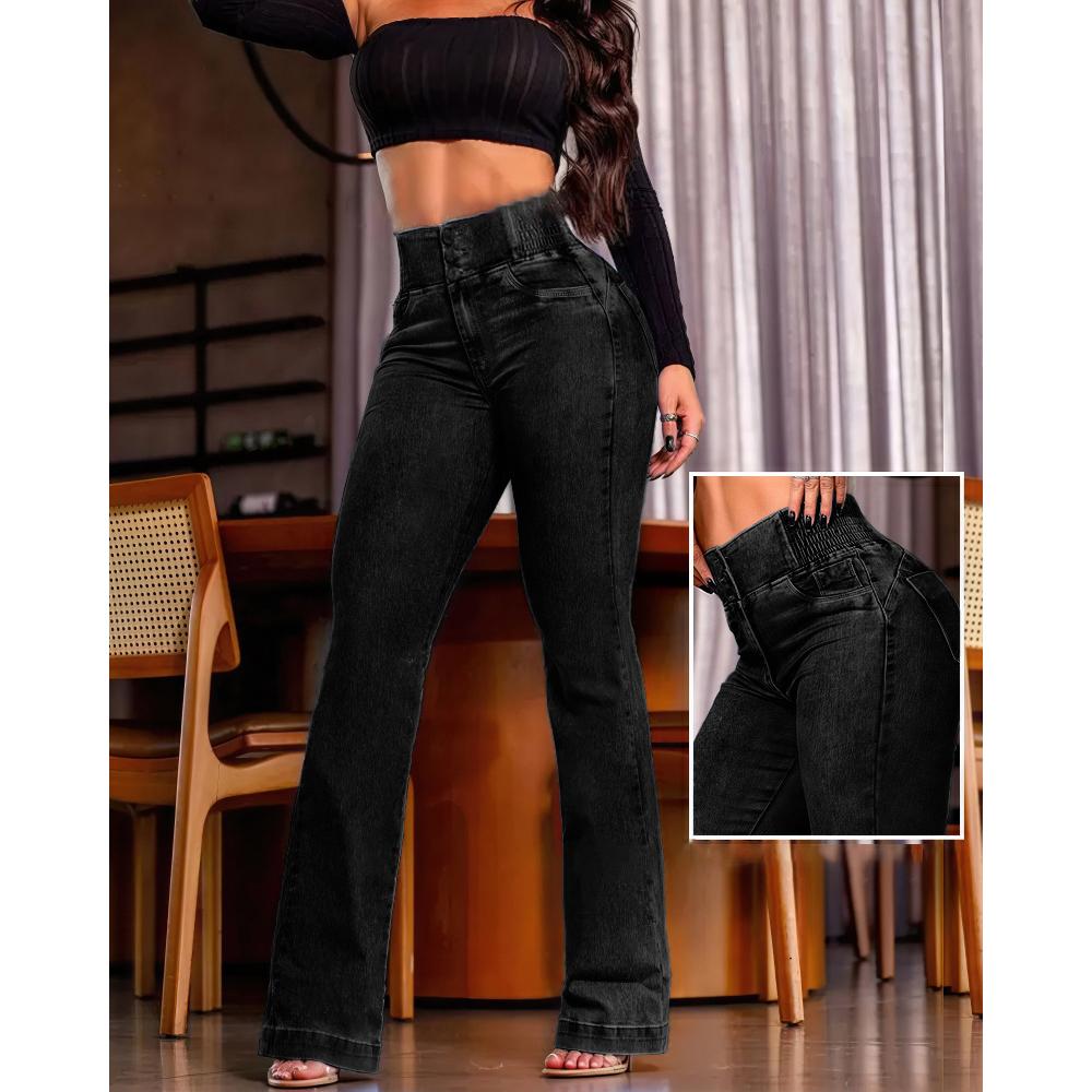 Spring Autumn Elegant High Waist Button Front Casual Female Jeans Sexy Back Shirred Trouser Bottom