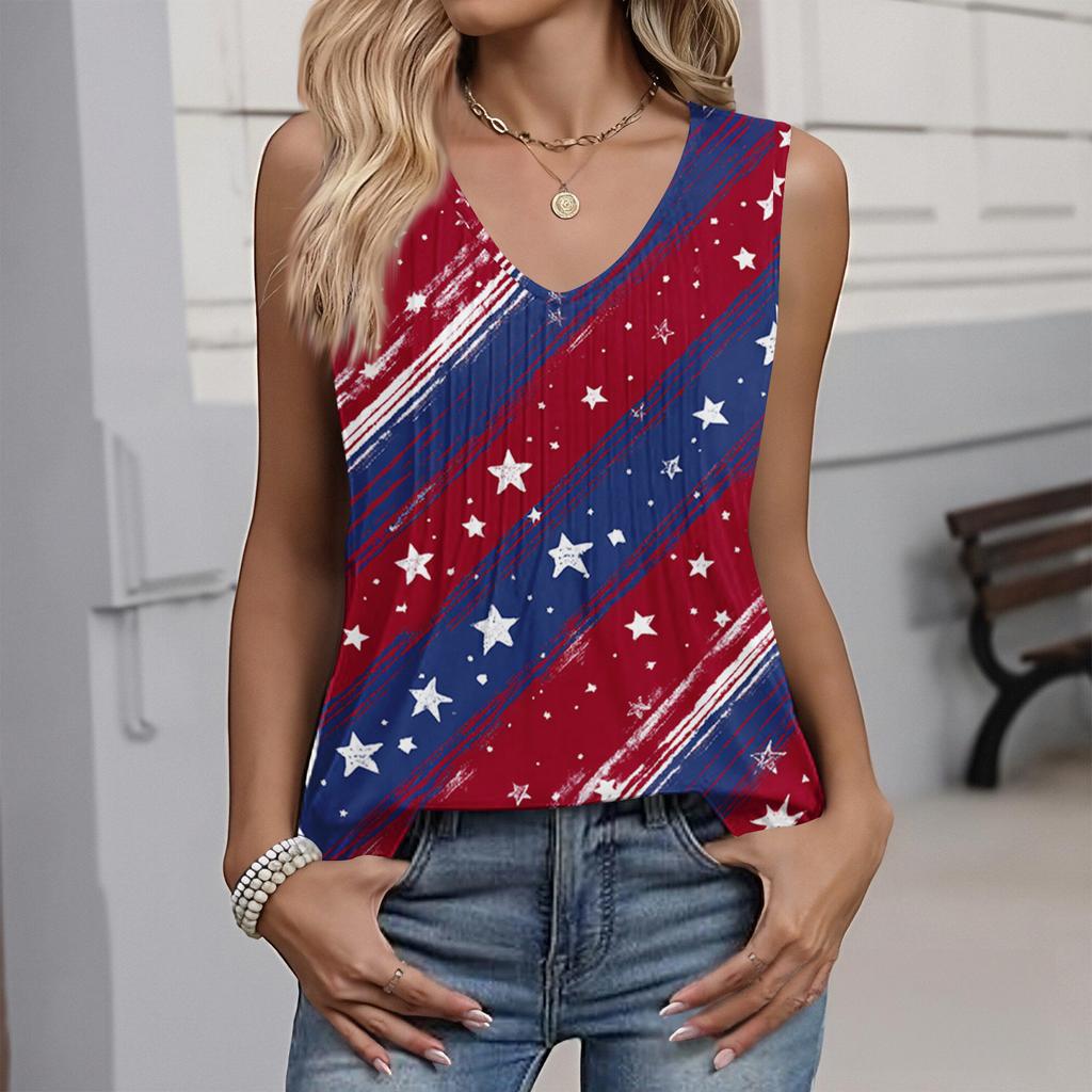 Women's Fashion Casual American Independence Day Flag and Stars Print V-neck Ruffled Sleeveless Vest T-shirt Top