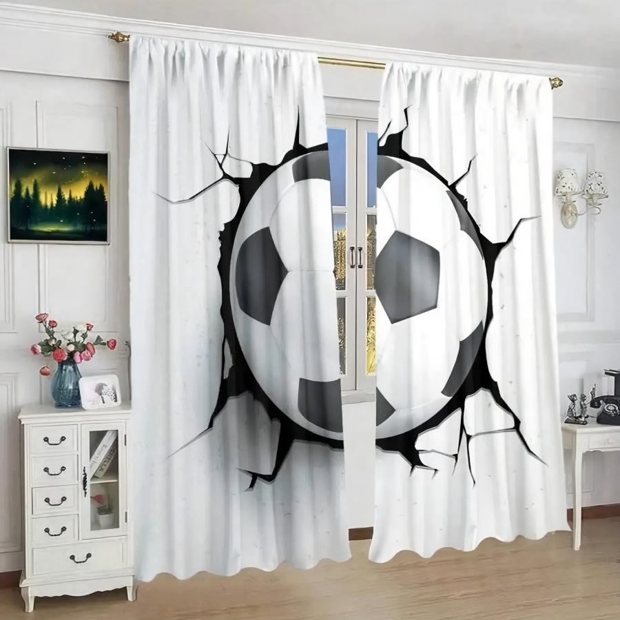 Soccer Ball Design Curtain Polyester Drapes Living Room Bedroom Decor Window Treatment Curtains Blackout Set Of 2 Made With Rod Pocket