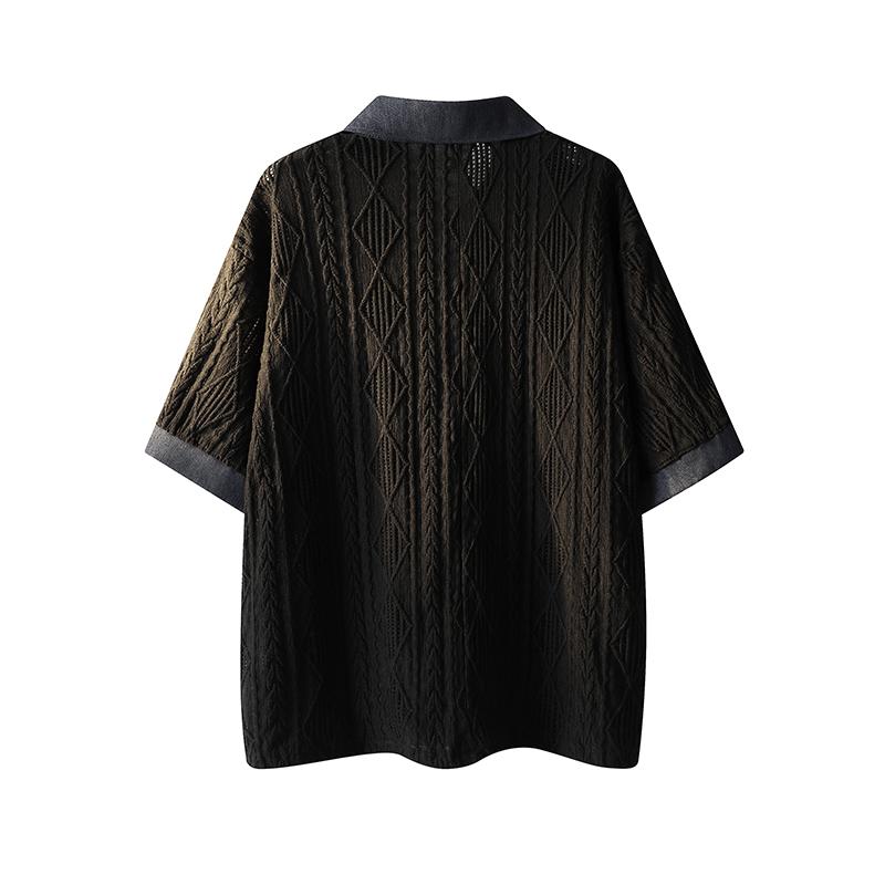Personalized Top With Retro Rhombus Texture And Contrasting Color POLO Collar Top