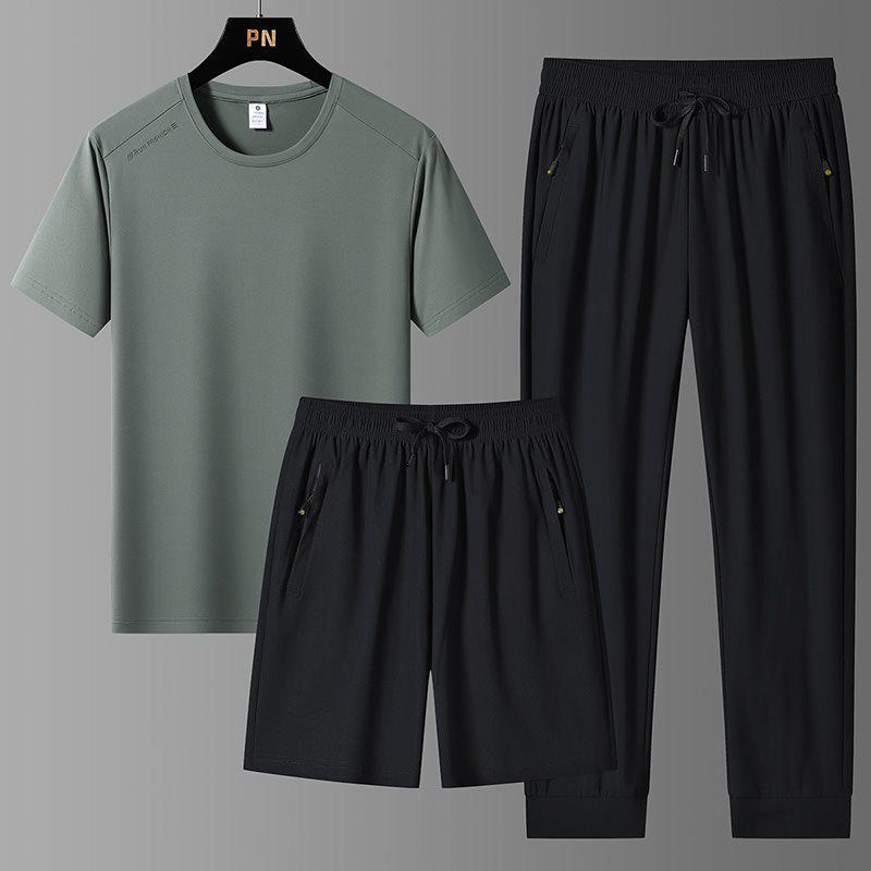 Completo estivo da uomo in seta ghiaccio a tre pezzi: T-shirt Girocollo, Pantaloncini e Pantaloni Lunghi Tuta Sportiva Casual