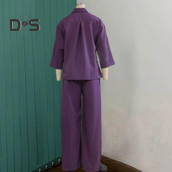 Women's Cotton-Linen Two Piece Outfit Long Sleeve Lapel Button Down Top Matching Wide Leg Pants Casual Loungewear Set