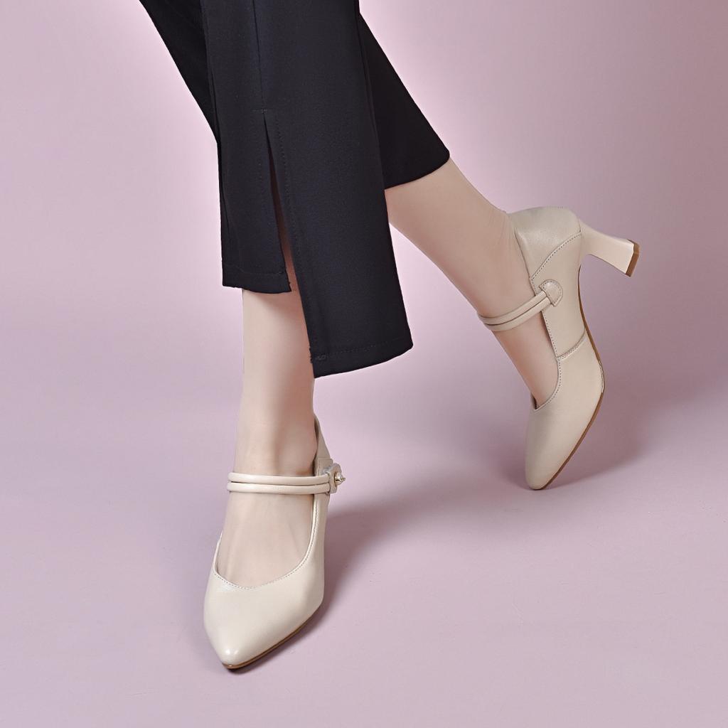 Pointed high heels women's spring sheepskin shallow mouth single shoes one-word buckle work shoes formal women's shoes
