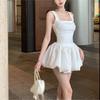Petite French Puff Sleeve White Sling Dress - Sweet & Spicy Short Skirt