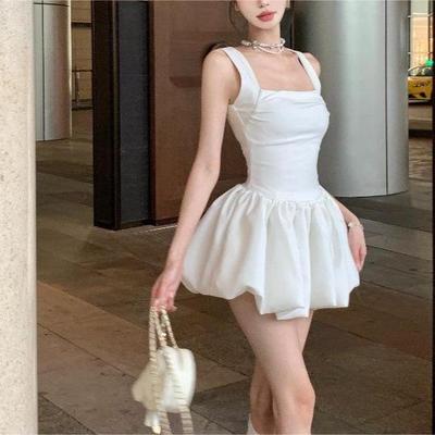 Petite French Puff Sleeve White Sling Dress - Sweet & Spicy Short Skirt