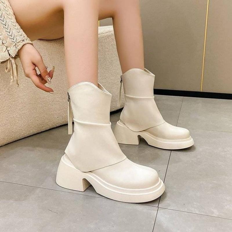 Leather Platform Women's Half High Boots Autumn Winter Round Toe Ladies Mid Calf Shoes New In Gothic Work Gyaru Trend 2025 Boot