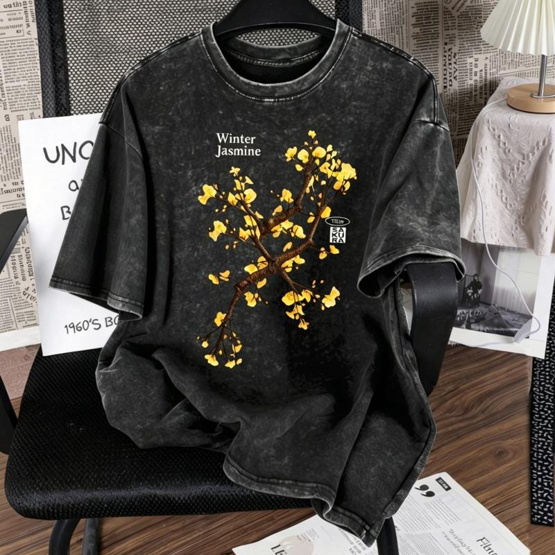 Retro Gewaschenes Bedrucktes T-Shirt Kirschblüte Pfirsichblüte Osmanthus Jasmin Lässiges Streetwear T-Shirt L black