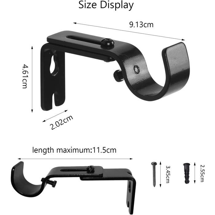 Lot de 4 supports muraux réglables pour tringle à rideau en acier inoxydable noir - Ø int. 25,4 mm, charge 20 kg