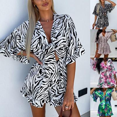 Macacão Casual de Verão Europeu e Americano com Decote em V Estampado: Shorts Largos de Manga Curta para Mulher