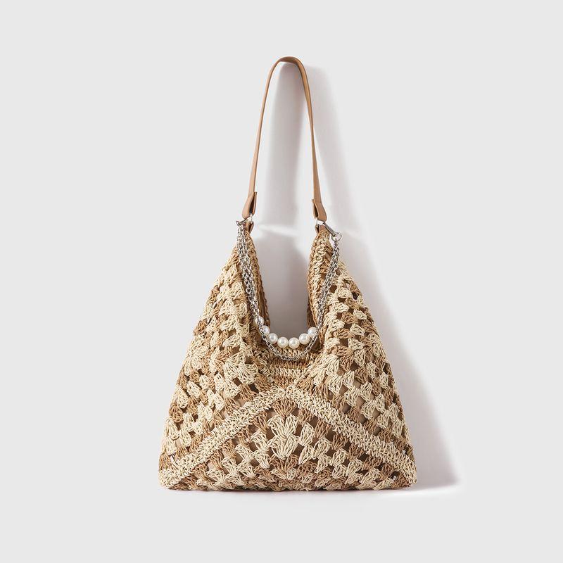

Xiaohan Pavilion 2025 Spring and Summer New Contrast Color Woven Bag Shoulder Bag Mong Jiao Beach Tote Bag Cam beige.