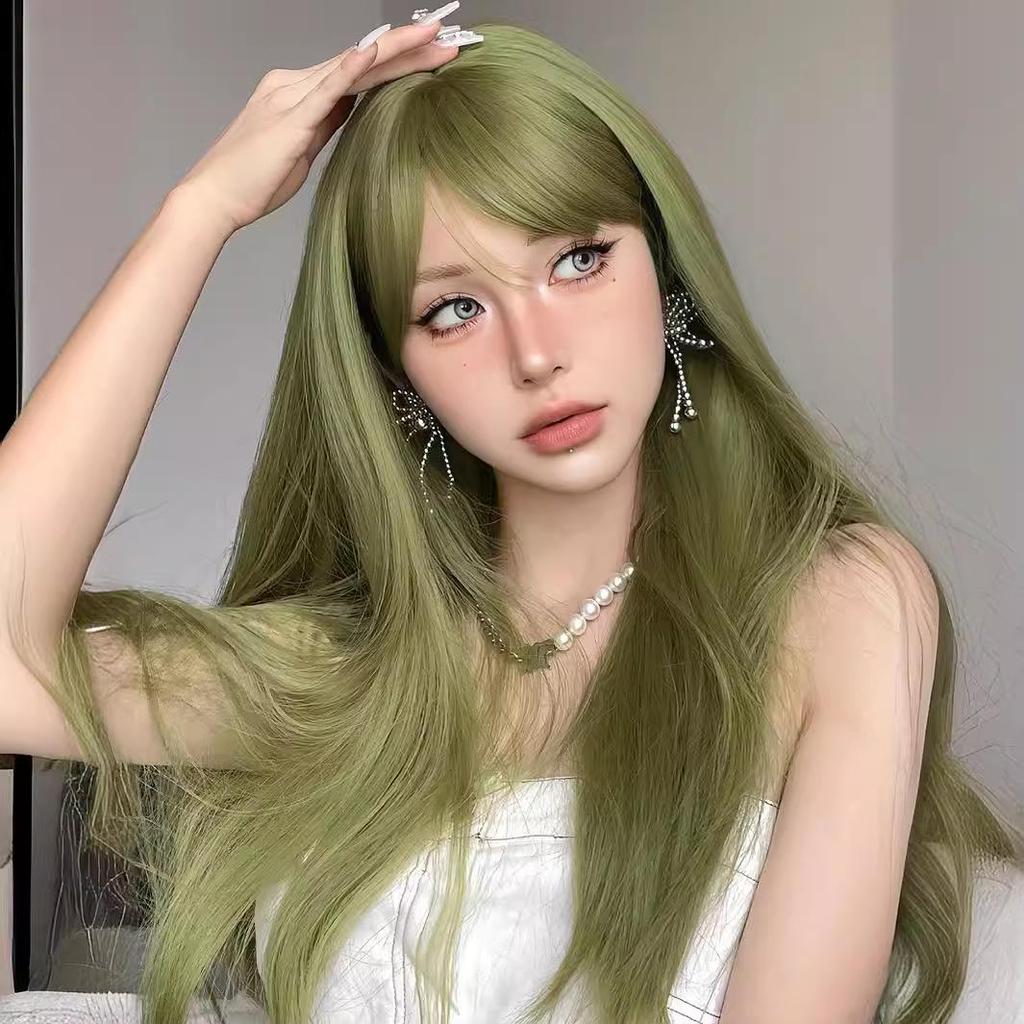 Green Long Straight Wig with Bangs - High-Temperature Fiber, European & American Style
