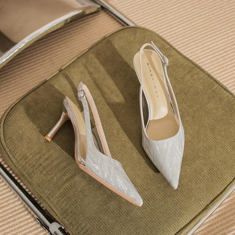

75720 [sheepskin] high heels women s thin heels summer 2025 new pointed wedding shoes bag head empty sandals 39