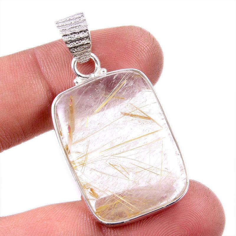 

Natural Golden Rutile Gemstone 925 Solid Sterling Silver Gift Pendant 1.75 j0Y80