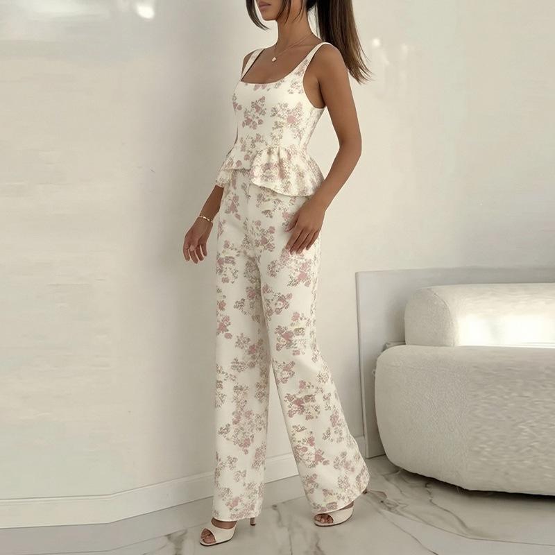 2026 Women's Spring New, Amazon Cross-border Europe and the United States, Fashion Casual Printed Lotus Leaf Sling Set