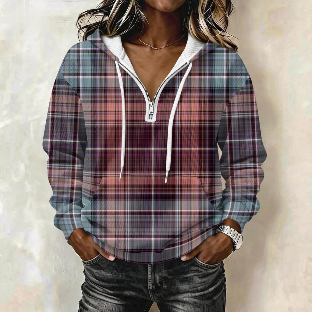 Women's Long Sleeve Drawstring Hoodie with Striped Plaid Print Pullover Sweatshirt