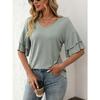Summer new solid color V-neck ruffle sleeve short sleeved T-shirt top for women
