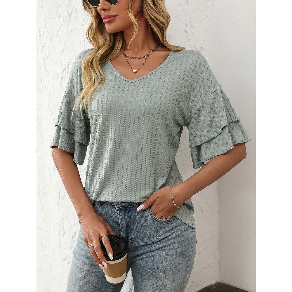 Summer new solid color V-neck ruffle sleeve short sleeved T-shirt top for women