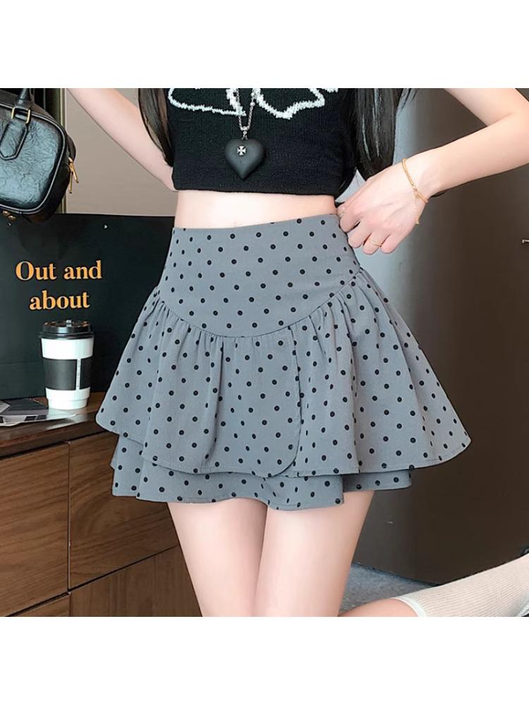 Plus Size Grey Polka Dot A-line Short Skirt for Autumn - High Waist Fluffy Cake Design for Women