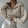 Women Knitting Tops Lapel V-Neck Long Sleeve Solid Color Sweater Loose Fit Warm Knitting Tops Knitwear