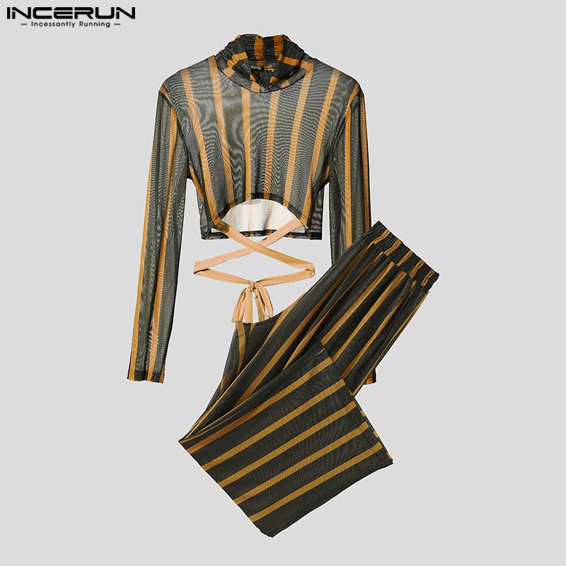 INCERUN Two-piece Men Long Sleeve Striped Mesh Sheer Crop Tops Elastic Waist Pants Sets