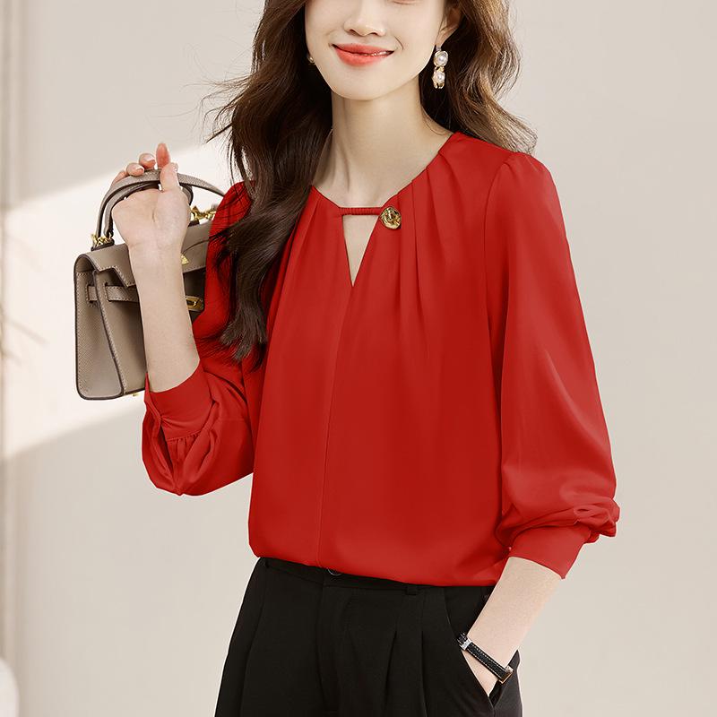2026 Spring/Autumn Women's Stylish Long Sleeve Chiffon Top - Loose, Slimming, and Belly-Hiding Shirt