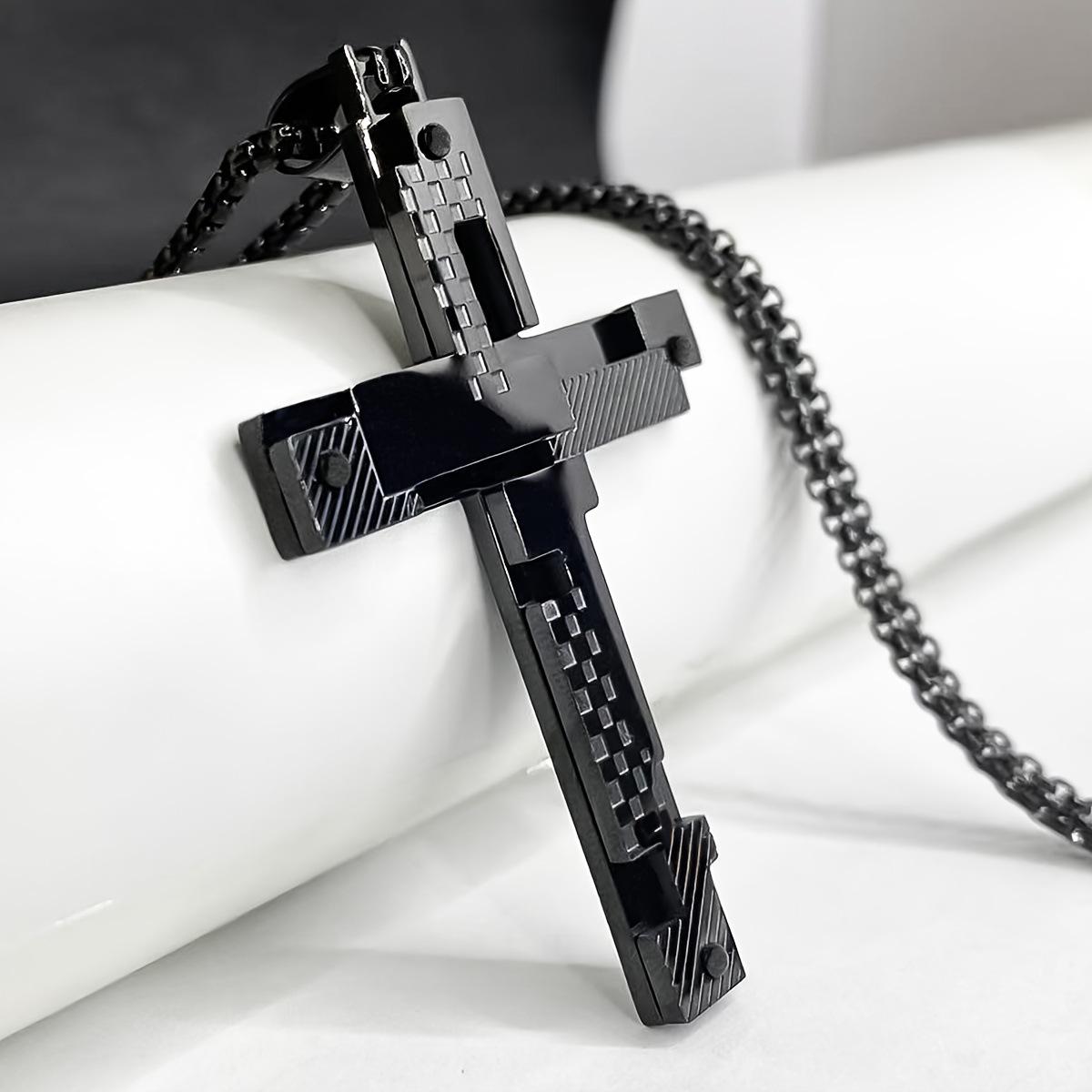 Men s Double Layer Trendy Hip Hop Cross Welded Rivet Pendant Necklace 60CM