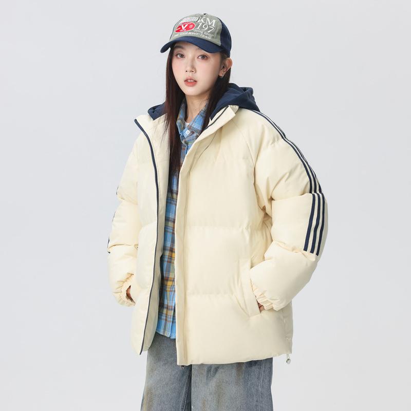 Men's 2025 Winter Casual Hooded Cotton Jacket - Fake Two-Piece Design with Three Stripes, Thick and Warm Padding.