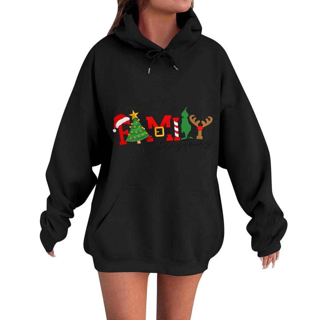 Women's Casual Comfortable Neck Hooded Long Sleeve Christmas Print Warm Sweatshirt