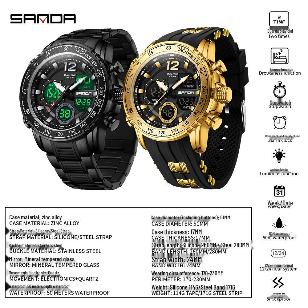 Sanda Men's Dual Display Multifunction Steel Band Sport Waterproof Watch
