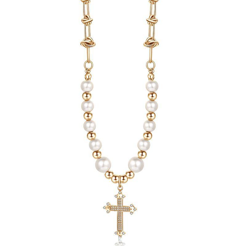 

Titanium Steel Trendy Cross Pendant Necklace For Stylish Women Featuring Beautiful Pearl And Sparkling Elements золотий