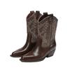 Cowhide Version~ Pointed Thick Heel Engraved Western Cowboy Boots for Women, New Color Matching Retro Style Short Boots for Women In Autumn and Winter