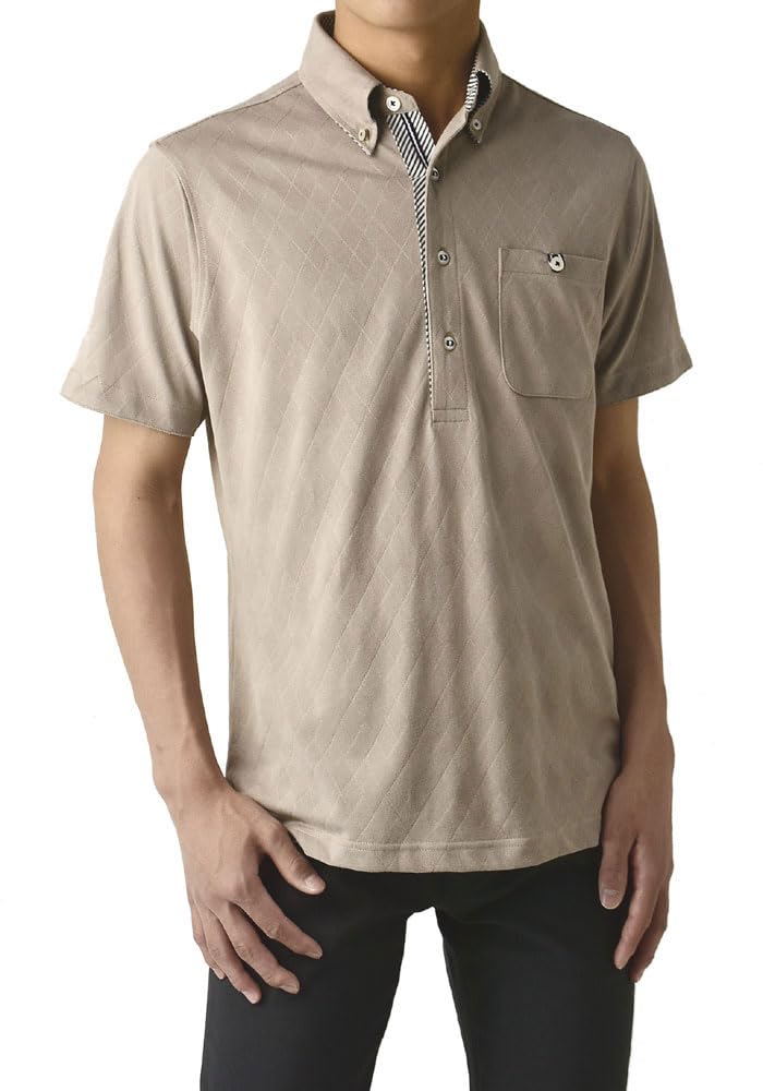 

FLAG ON CREW Short Sleeve Jacquard Shadow Argyle Polo Size Greige Men s Button-Down Shirt, B0M/L,