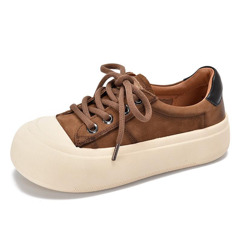 Johnature Genuine Leather Casual Women's Shoes Versatile Lace Up Round Toe Thick Soled Flat Shoes