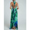 Bohemian Deep V Hollow-out Hanging Neck Lace-up Backless Sexy Sleeveless Pleat Big Hemline Mid-Length Dress Vacation