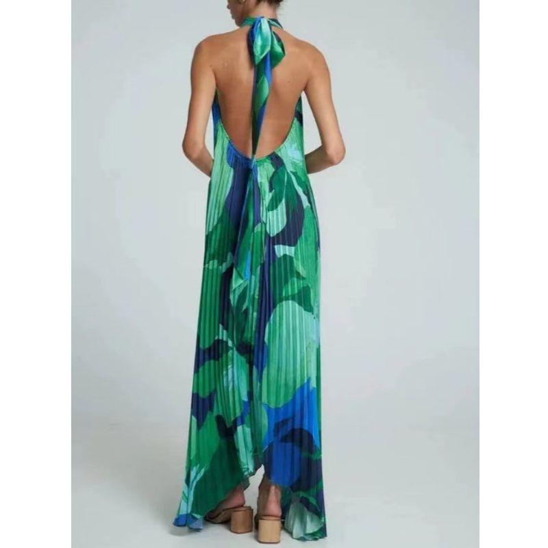 Bohemian Deep V Hollow-out Hanging Neck Lace-up Backless Sexy Sleeveless Pleat Big Hemline Mid-Length Dress Vacation