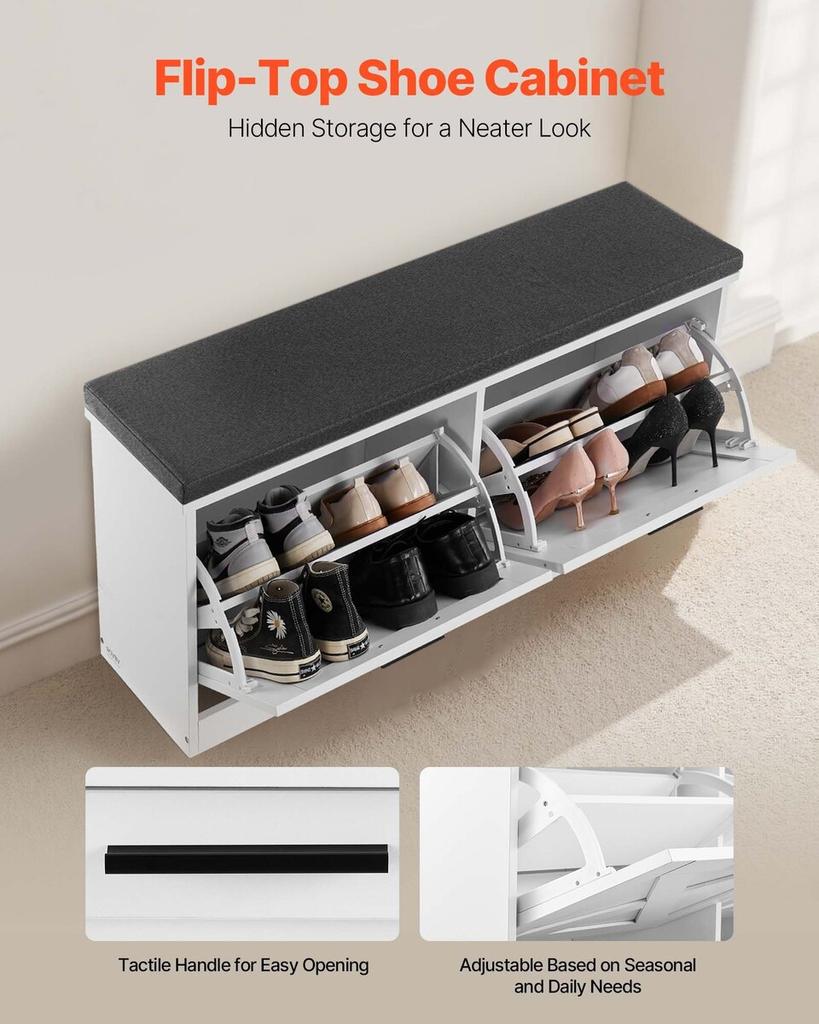 Entryway Shoe Storage Bench, 1000 x 305 x 475 mm Shoe Organizer with Flip Drawers, 440lbs Narrow Shoes Rack Bench with Cushion & Flip Doors, for
