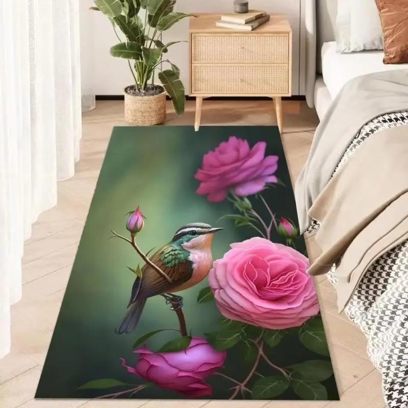 Botanical Flower Decoration Carpet Cartoon Bird Modern Carpet for Living Room Bedroom Decor Bedside Floor Mat Anti Slip Washable