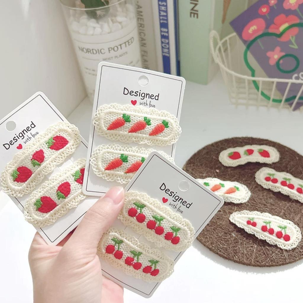 2PC Embroidery Cherry Strawberry Hollow Knitting Hairpins Vintage Lace Side Clips for Girls Women Cute Kids Fruit Hair Clips