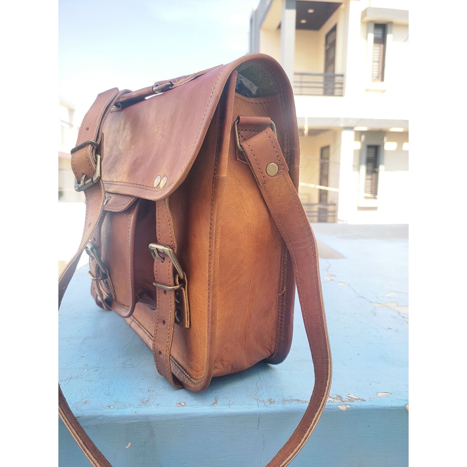 Новая мужская натуральная винтажная коричневая кожаная сумка через плечо для ноутбука — фото 3