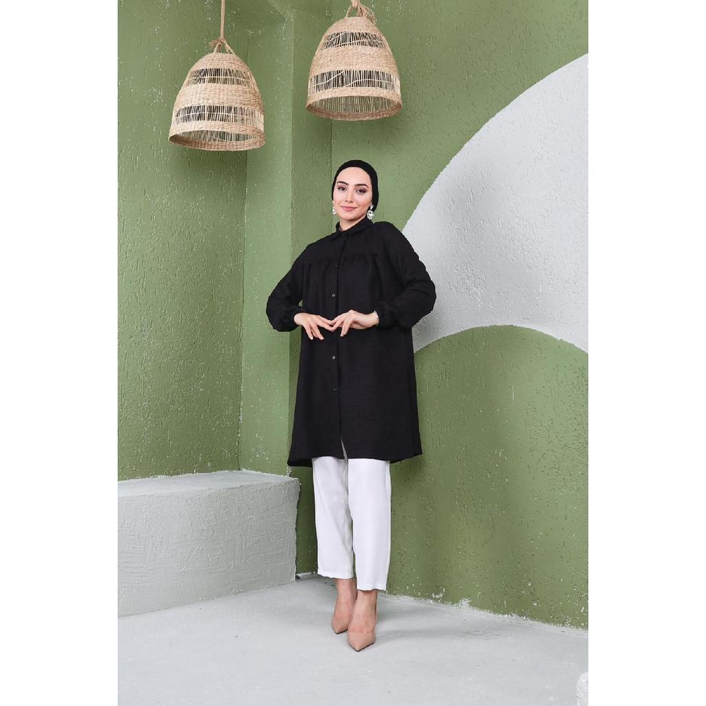 Women's Imported Linen Tunic Shirt With Gathered Front And Elastic Sleeves