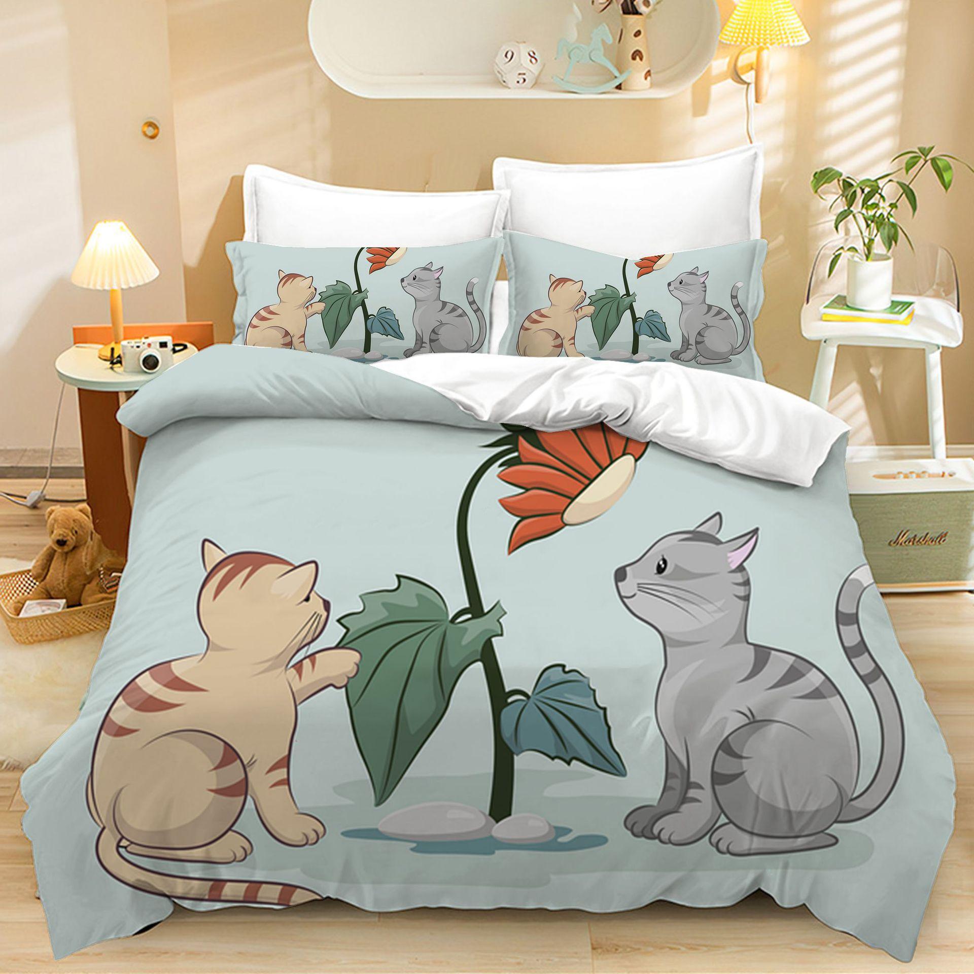 Pet Cat Duvet Cover for Kids Boys Girls, Cute Little Cat Cartoon Comforter Cover Set Queen Size Lively Kids Rainbows Duvet Cover 135x200cm