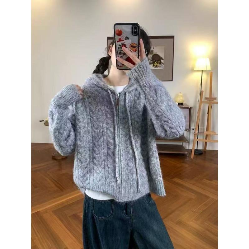 Lazy wind hooded double zipper sweater jacket women's autumn and winter new long camel hair loose twist versatile knitted cardigan