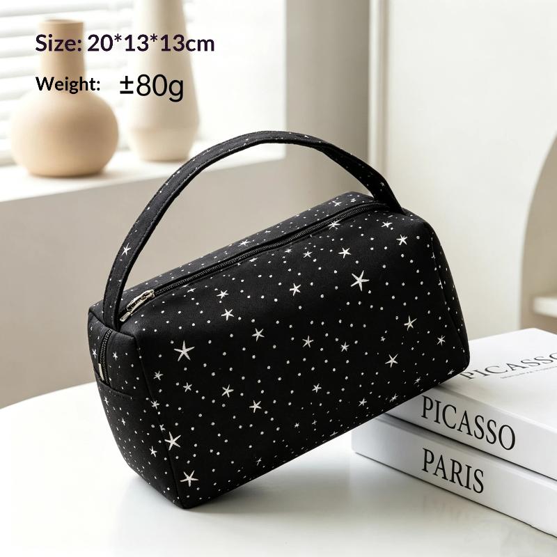 Cute Star Print Nylon Cosmetic Bag Large Capacity Portable Handle Toiletry Pouch for Women Travel Daily Use