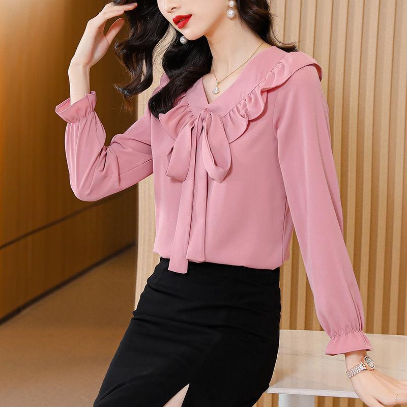 Elegant Female V-Neck Ruffles Shirt Commuter Fashion Spring Autumn Solid Color Flare Sleeve Lace Up Blouse Women's Clothing New