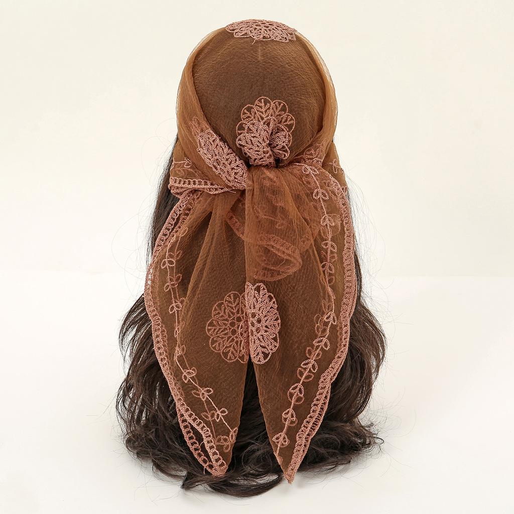 Square Yarn Scarf Floral Embroidery Lace Hijab Headscarf Headband Summer Breathable Bandana For Women Elegant Turban Hair Wrap