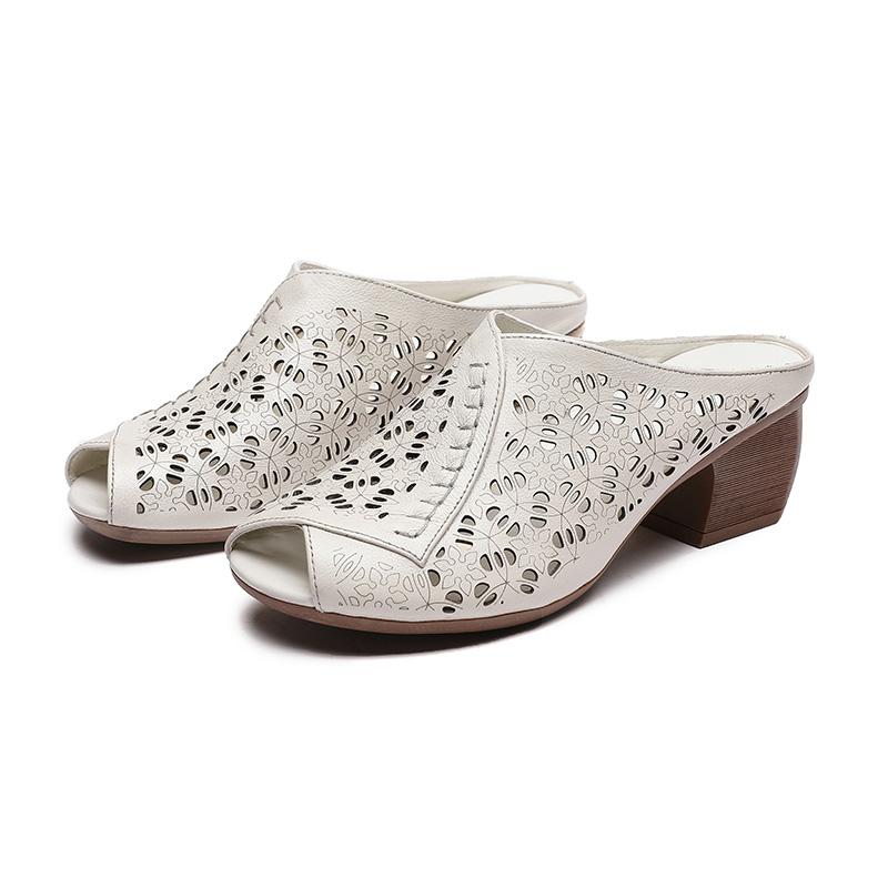 

GKTINOO 2025 Летние полые дышащие шлепанцы из натуральной кожи на толстом каблуке, женская обувь, ретро шлепанцы с открытым носком 9