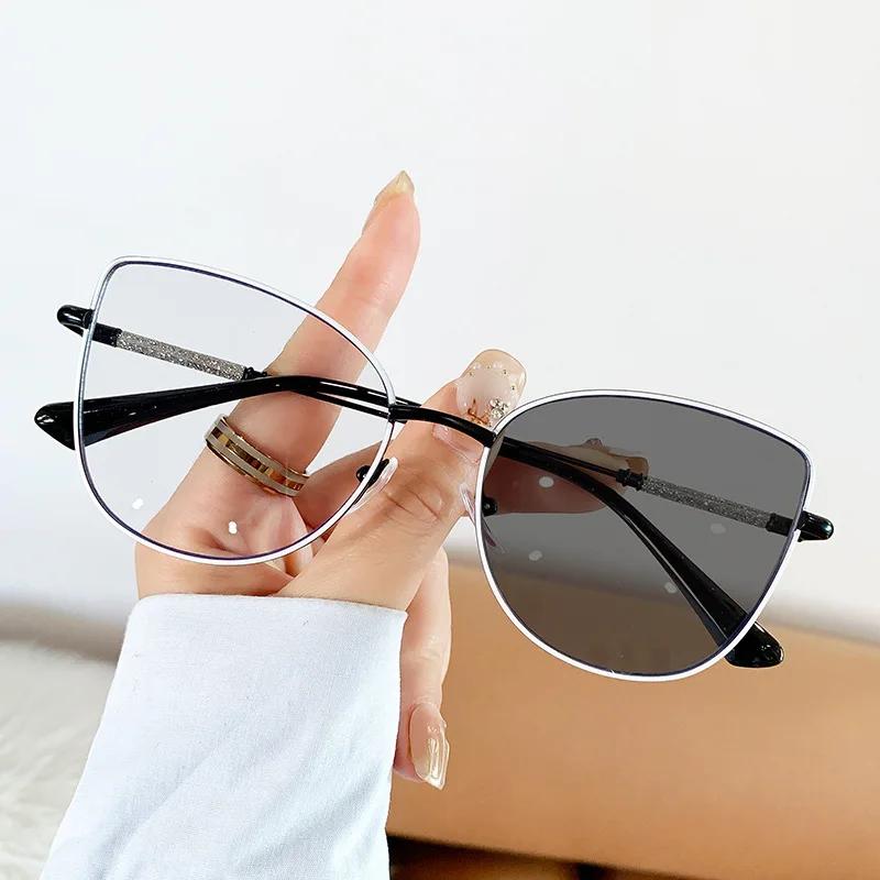 Cat Eye Metal Pochromic Glasses Glitter Anti Blue Light Glasses Retro Round Metal Frame Anti Blue Light Computer Glasses